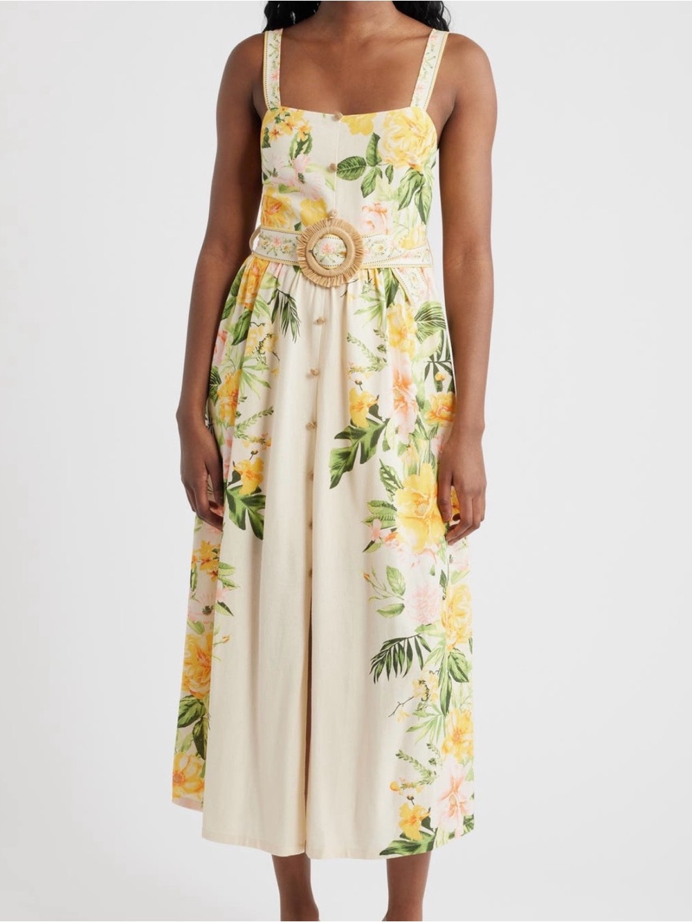 Moon River Cream Floral Midi Dress with Yellow & Pink Blooms